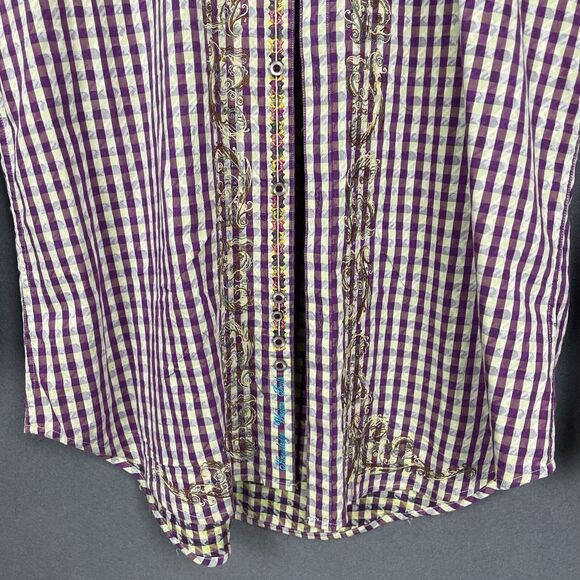 Robert Graham Shirt Mens L Large Long Sleeve Purple Plaid Embroidered Flip Cuff - Picture 6 of 15